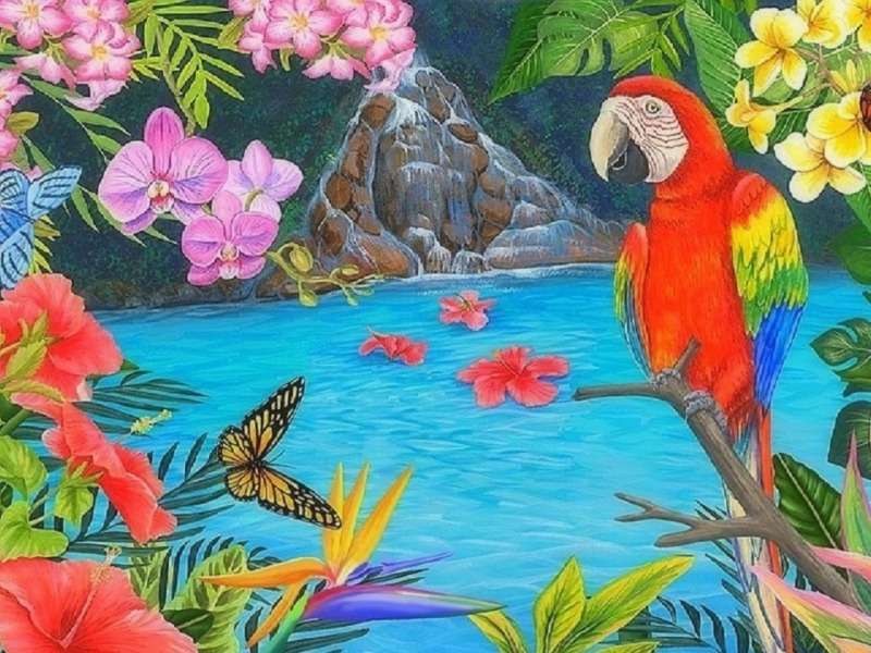 Piękna papuga w swoim tropikalnym raju puzzle online