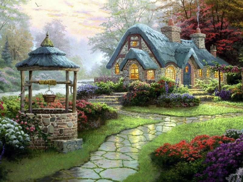 Piękny domek, ogród, studnia krajobraz bajkowy puzzle online