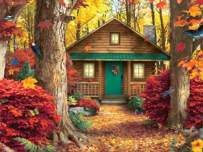 Samotny domek w jesiennej szacie, urocze pustkowie puzzle online