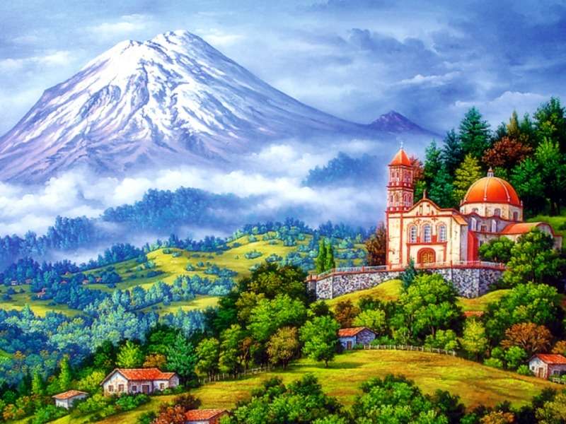 Świątynia i mała wioska obok wulkanu puzzle online
