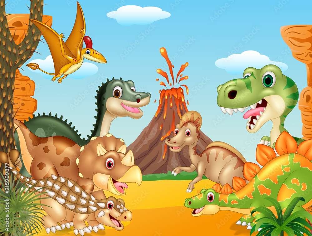 Kreskówka - Szczęśliwe dinozaury z wulkanem puzzle online