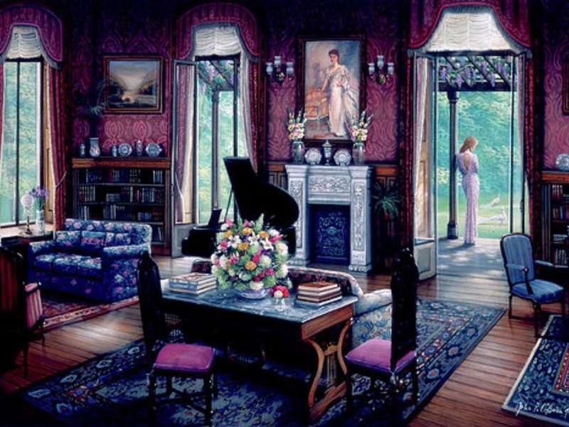Samotna pani z wspomnieniami w pięknym salonie puzzle online