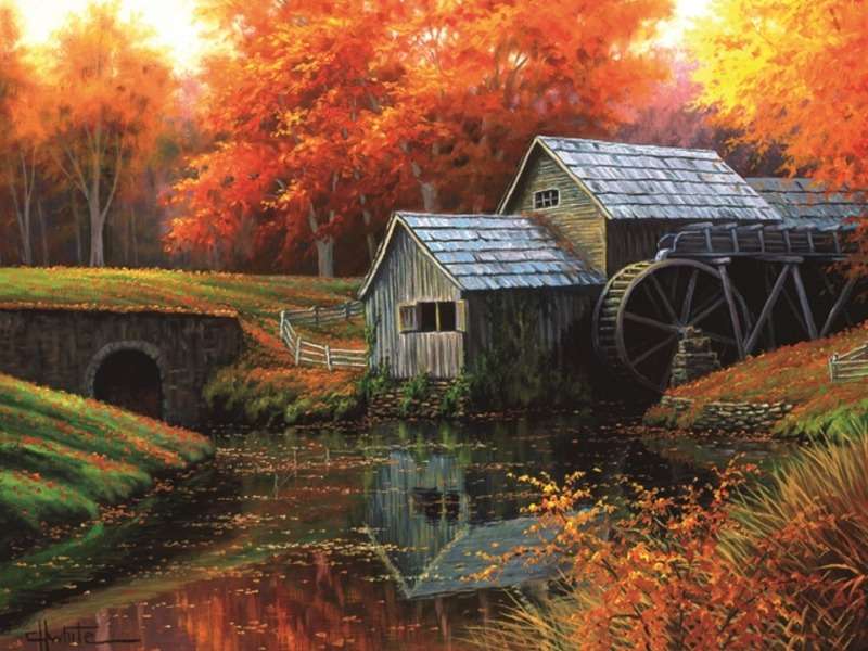 Stary piękny młyn jesienną porą puzzle online