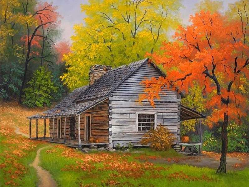 Rustykalna chatka w lesie w kolorach jesieni puzzle online