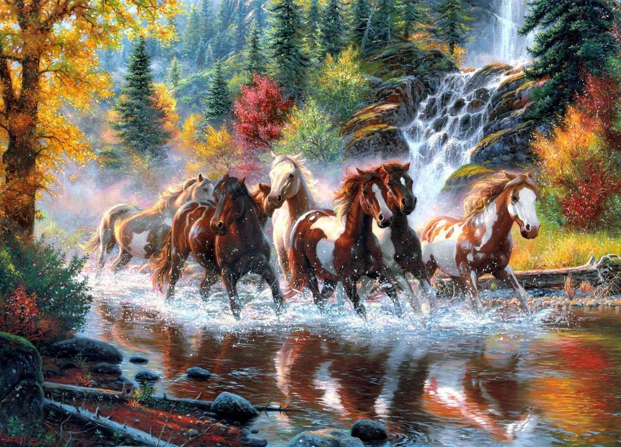 Konie biegnące w wodzie puzzle online