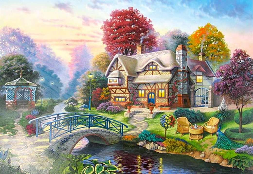 Dom przy rzece i mostek puzzle online