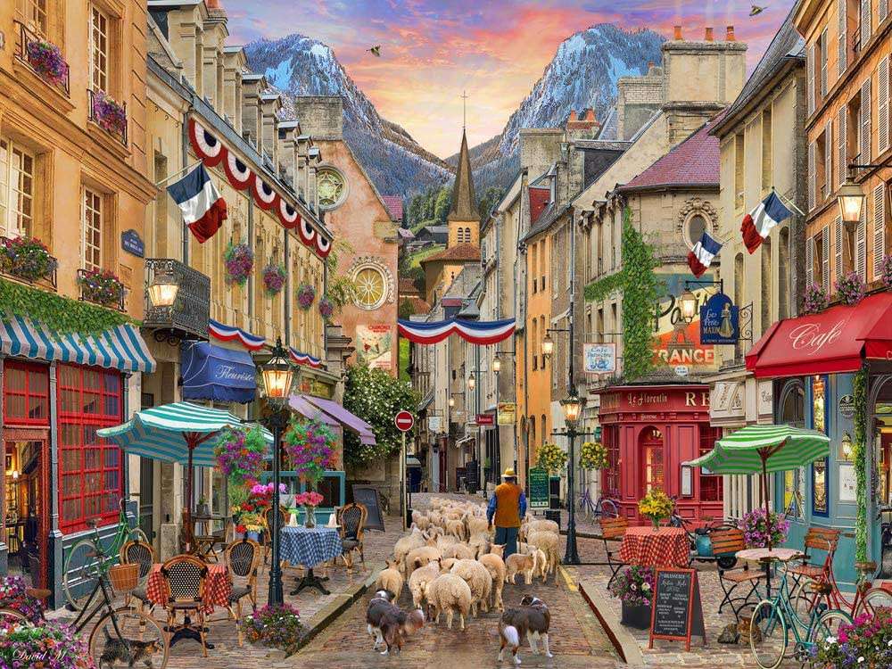 Centrum francuskiej wioski i stado baranków:) puzzle online