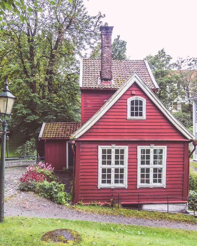 Czerwony, drewniany dom w Bergen puzzle online