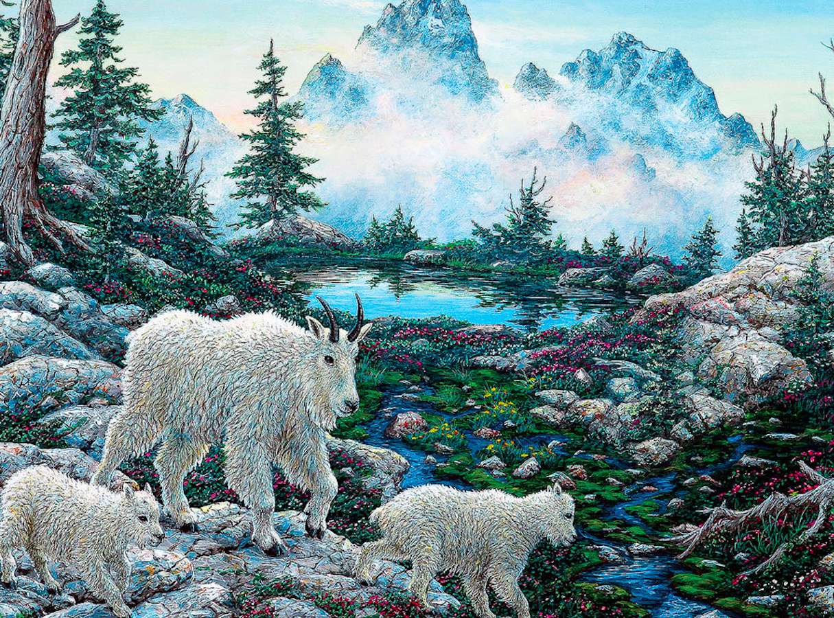 Alpejska kraina a w niej koziołki górskie puzzle online