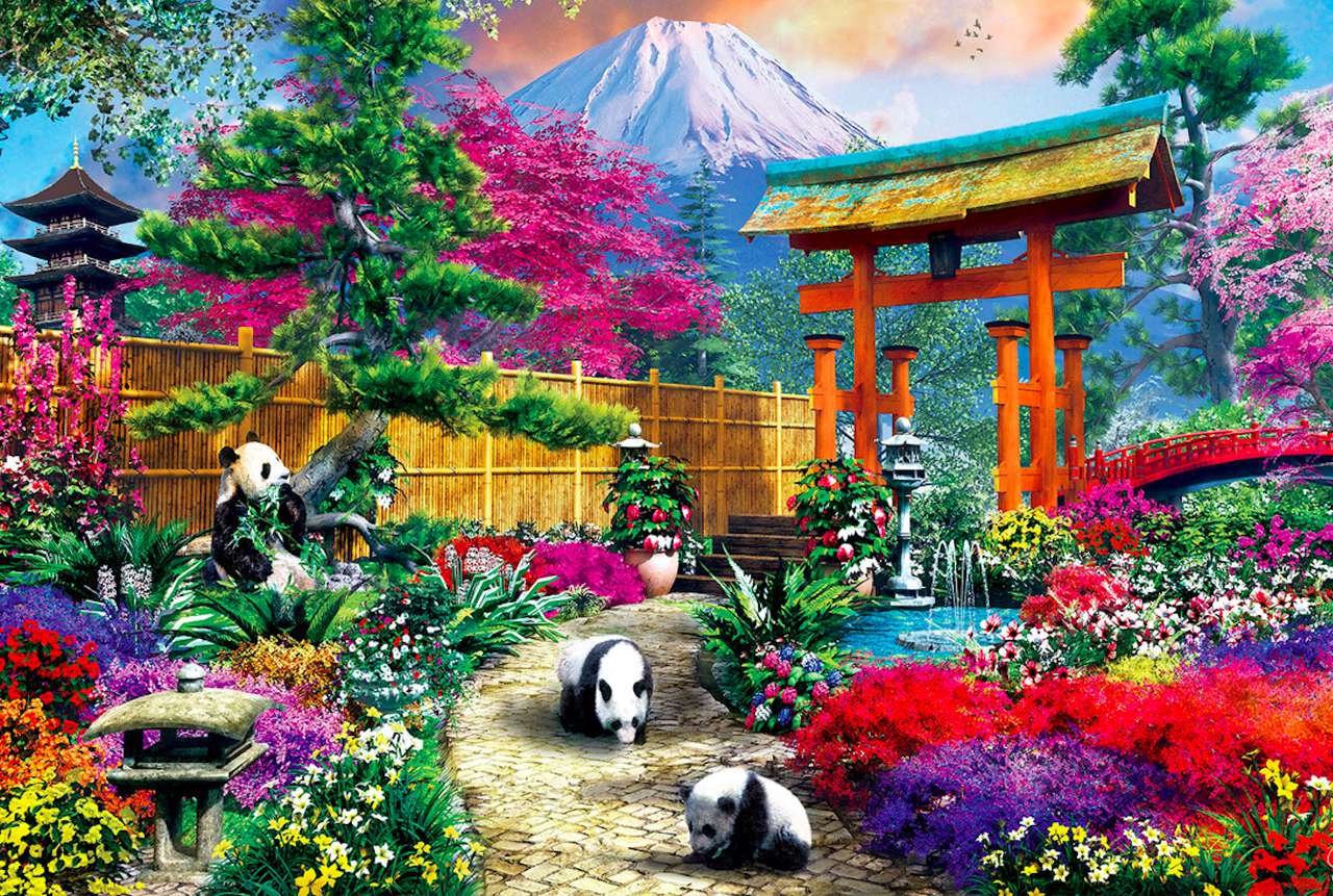 Japonia-brykające pandy w pięknym ogrodzie puzzle online