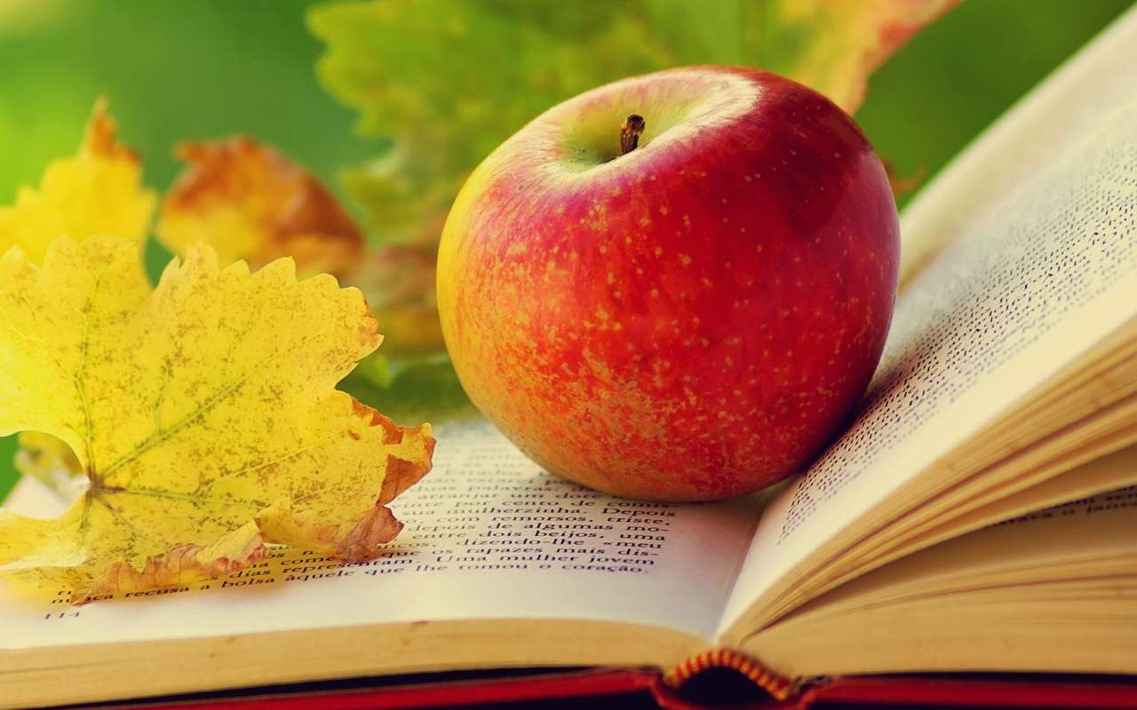 czerwone jabłko, żółte liście i książka puzzle online