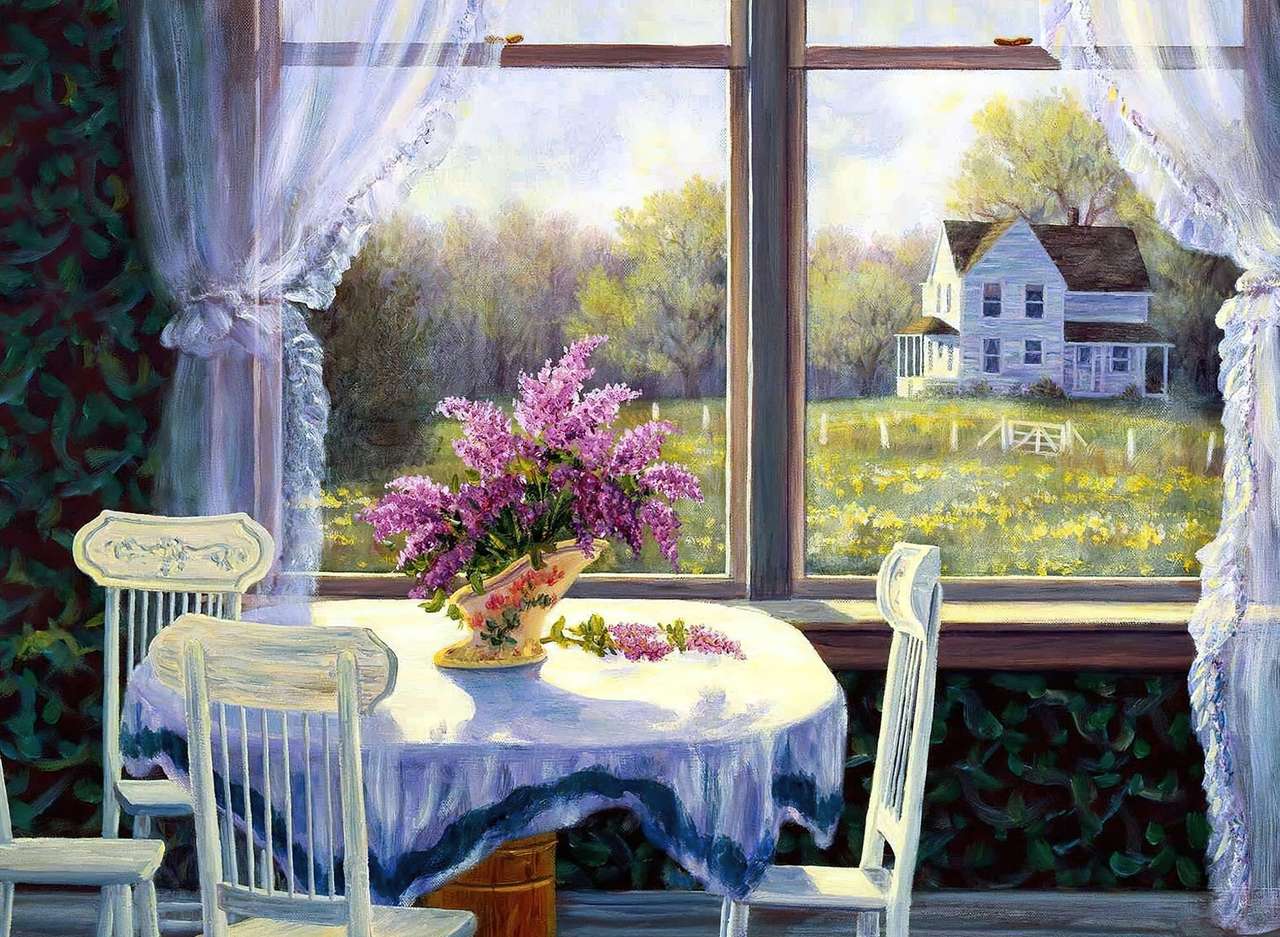 Stół z kwiatami i piękny widok z okna puzzle online