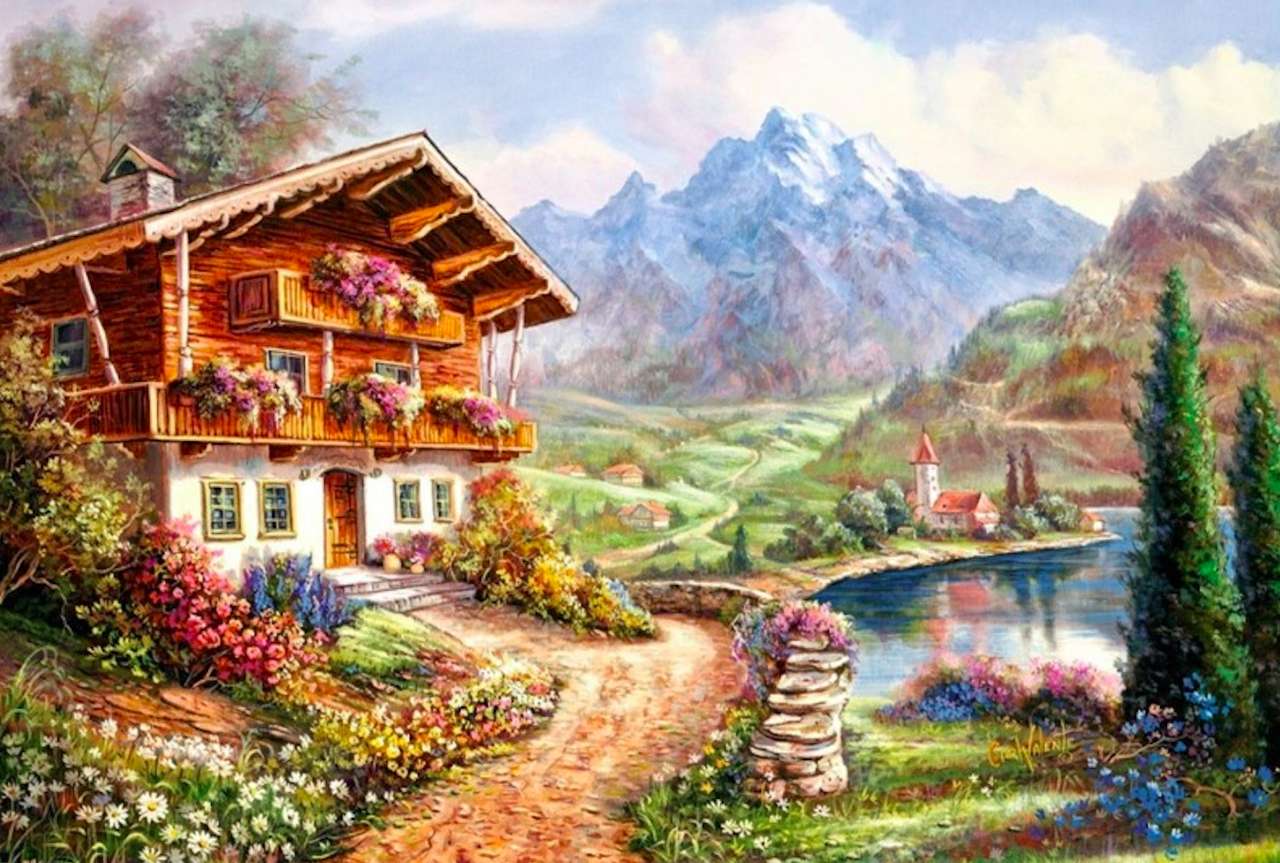 Wysoko w górach stoi uroczy domek, coś pięknego puzzle online