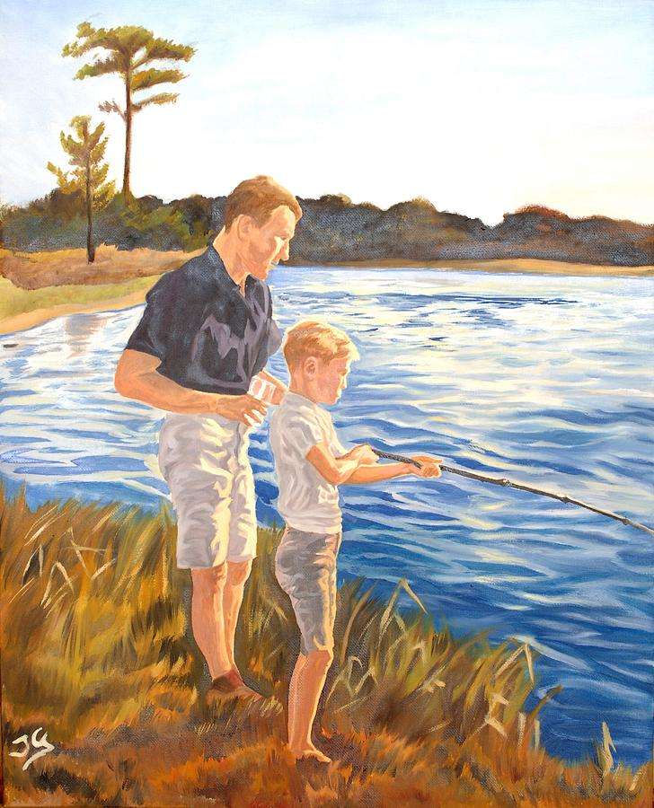 Syn z ojcem i łowienie nad jeziorem puzzle online