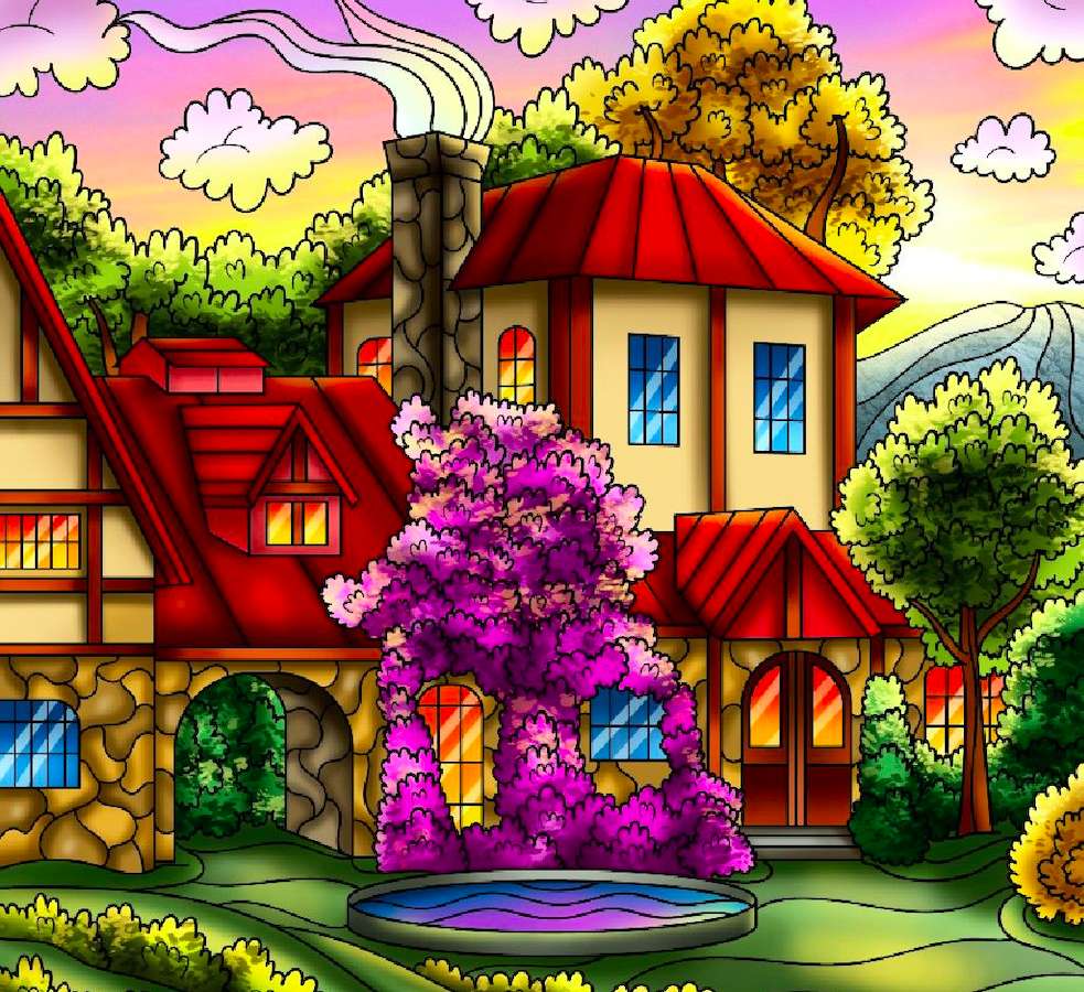 Słodki domek z fontanną w ogródku puzzle online