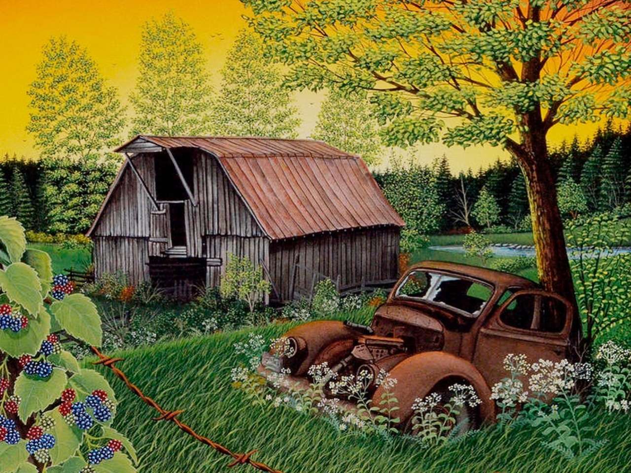 Opuszczona Stara stodoła, stare auto ich czas minął puzzle online
