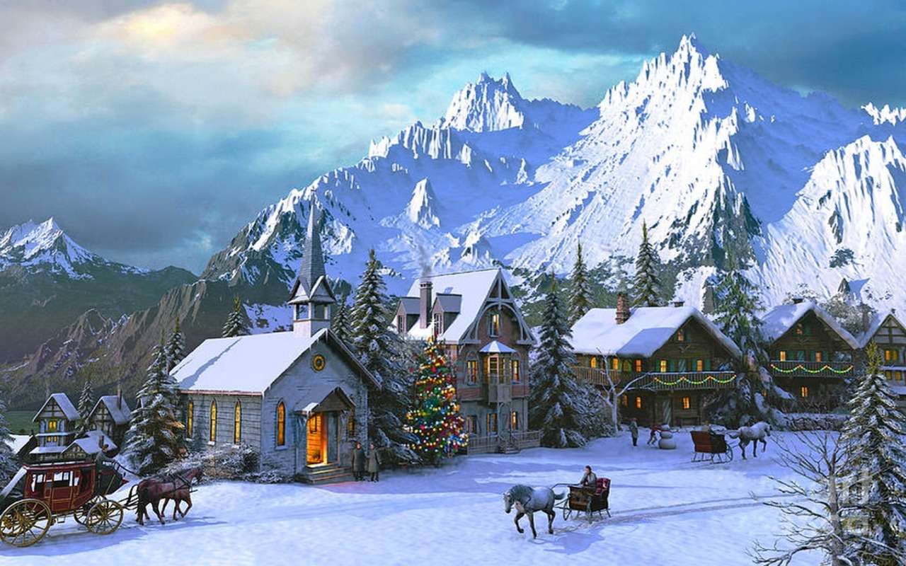 Świątecznie ustrojona alpejska wioska, piękny widok puzzle online