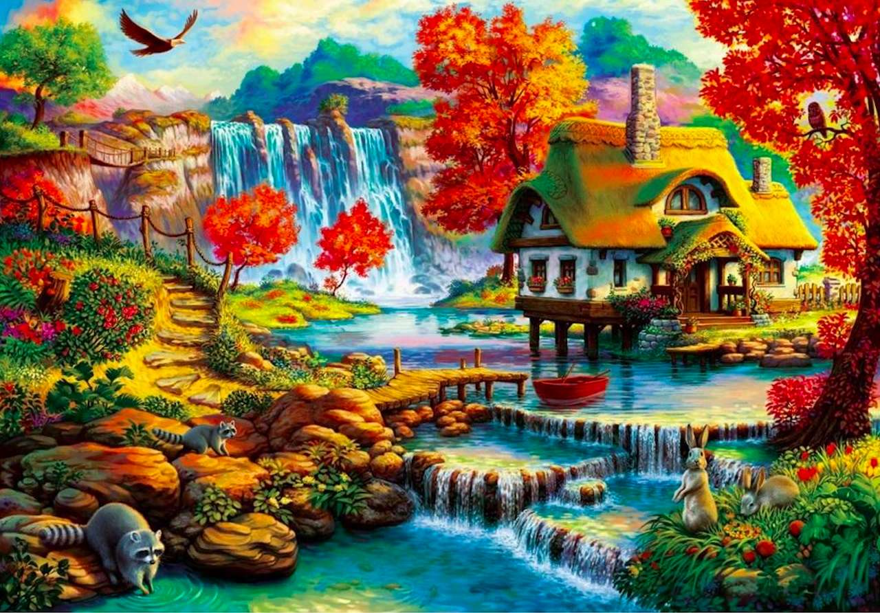 Uroczy domek na wodzie z pięknym ogrodem, cudo puzzle online