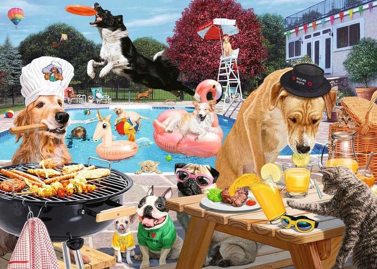 Pieskowa imprezka nad basenem-szaleją zwierzaki:) puzzle online