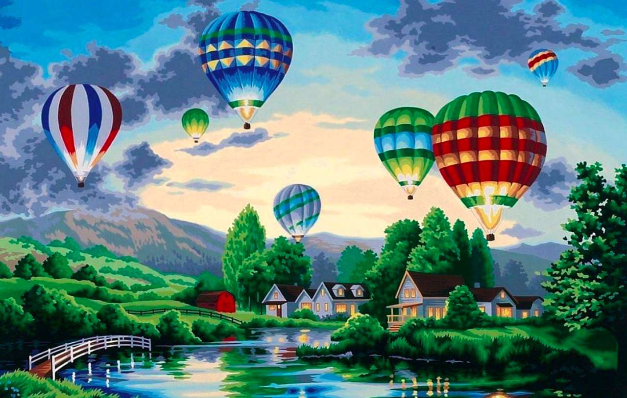 Parada balonów na wioską, uroczy widok puzzle online