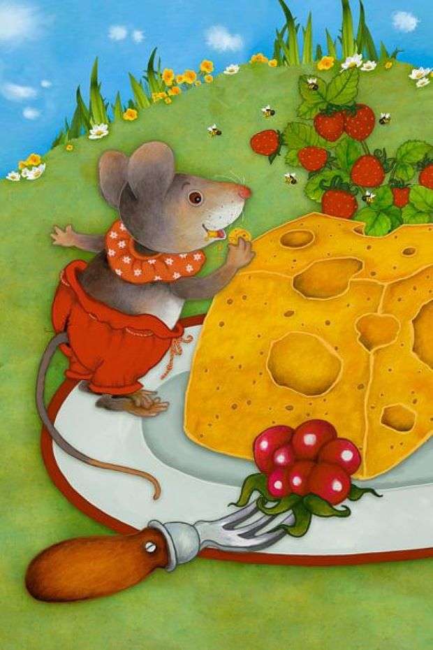 Mała mysz z dużym kawałkiem sera. puzzle online