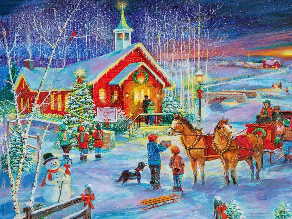 Czerwony kościółek na Boże Narodzenie ubrany puzzle online