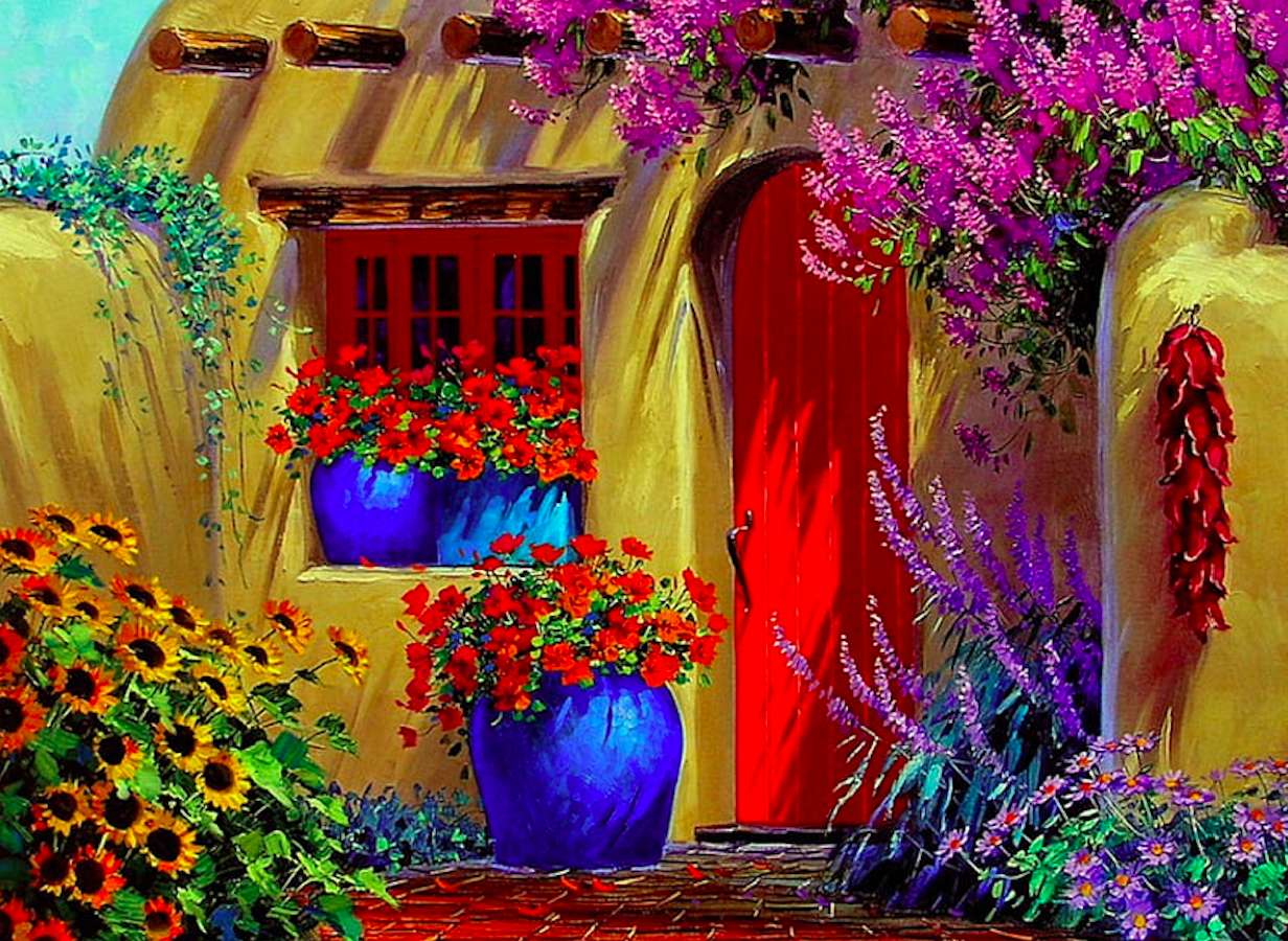 Kolorowy dom z kolorowym kwiecistym tarasem puzzle online
