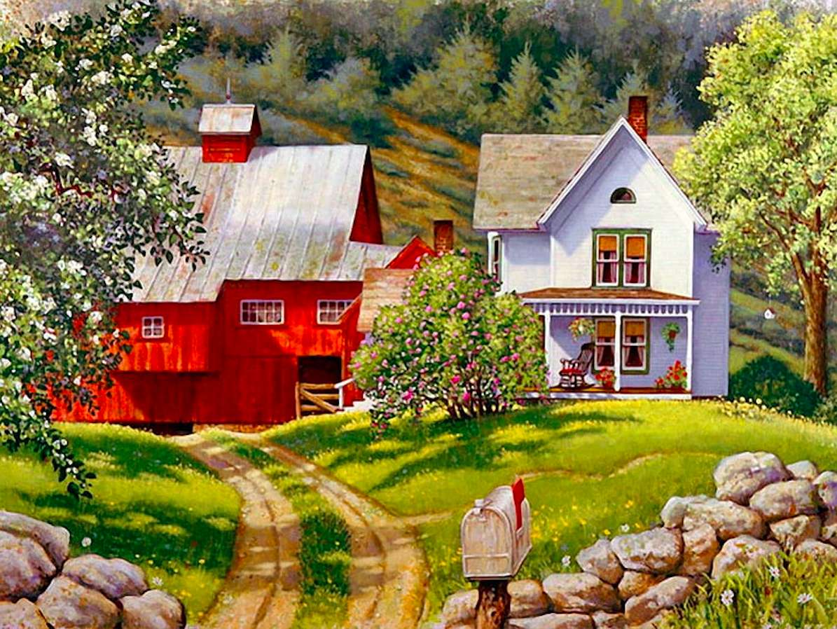 Uroczy biały domek, czerwona stodoła, no cudo widok puzzle online