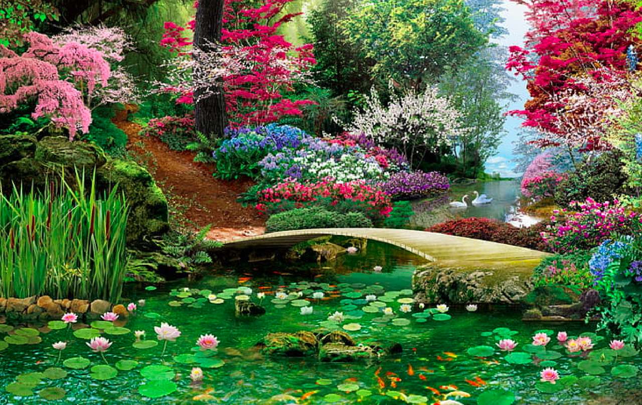 Wiosenny raj, łabędzie dwa i uroczy mostek puzzle online