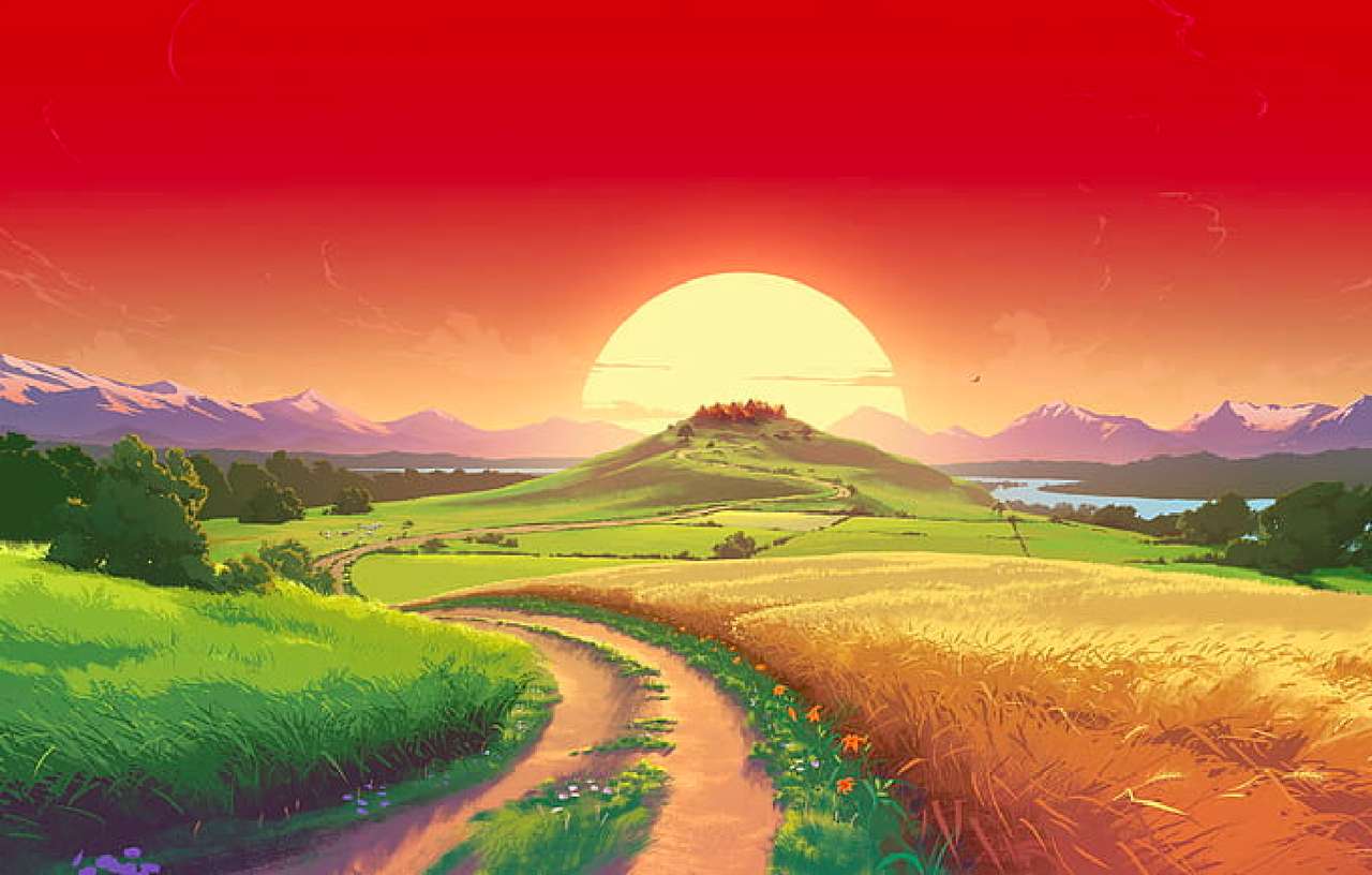 Purpurowy Zachód słońca nad polami, piękny widok puzzle online
