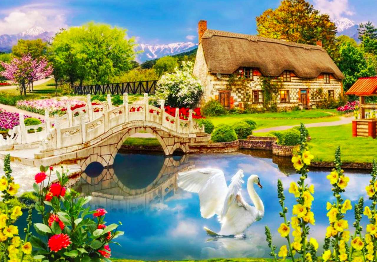 Śliczny domek z mostkiem nad rzeką, pikno zachwyca puzzle online