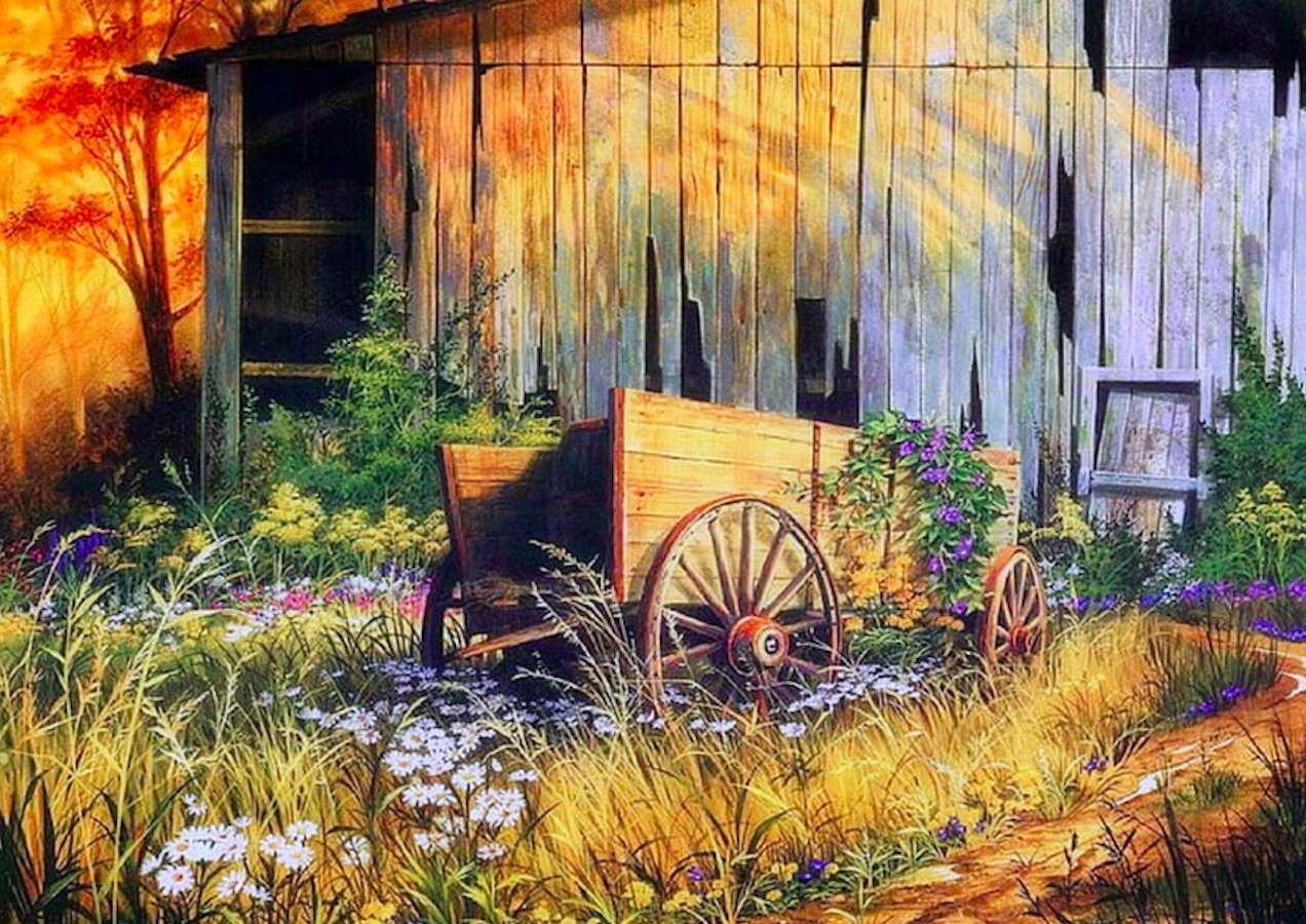 Opuszczona stara stodoła i stary wóz puzzle online