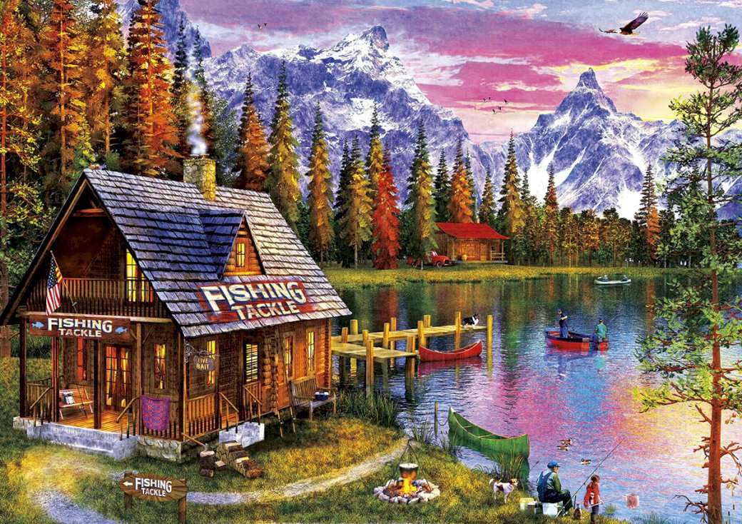 Drewniany domek nad jeziorem puzzle online
