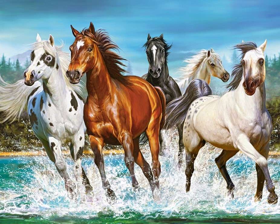 Cwałujące konie po wodzie puzzle online