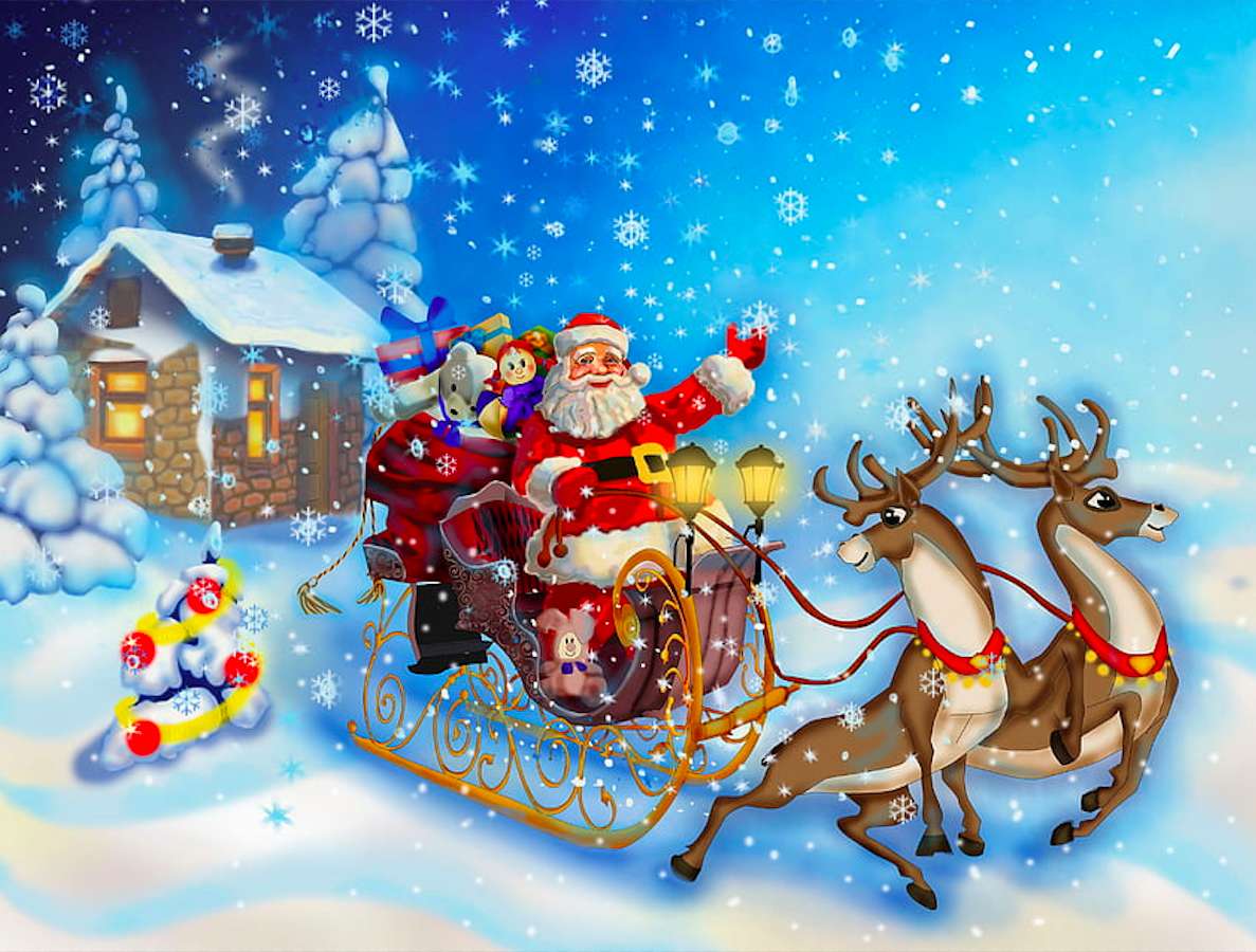 Święty Mikołaj w saniach z reniferami puzzle online