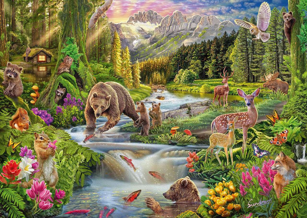 Potok ze zwierzętami w górach puzzle online