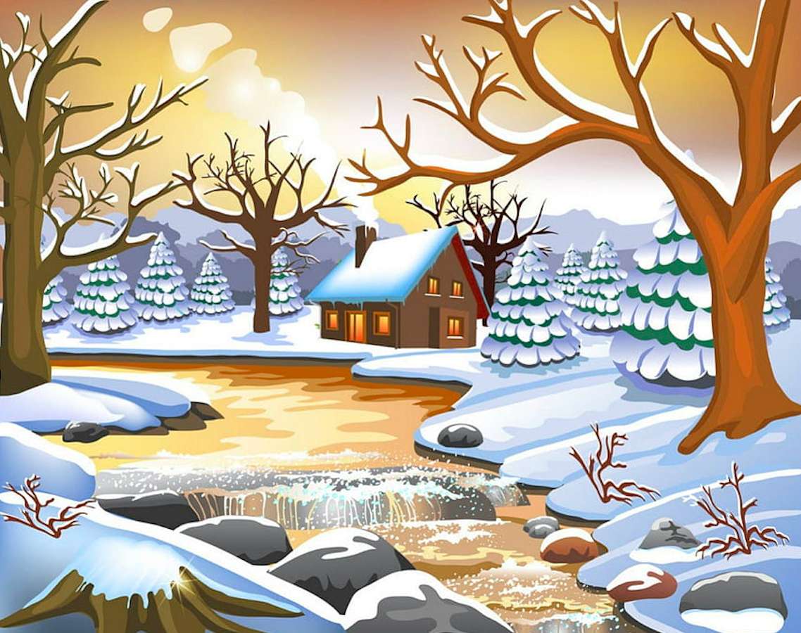 Uroczy zimowy pejzaż samotnej chatki puzzle online