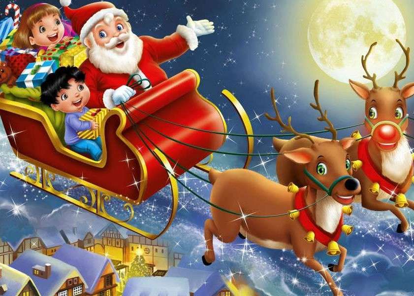 Święty Mikołaj z dziećmi i Rudolf puzzle online