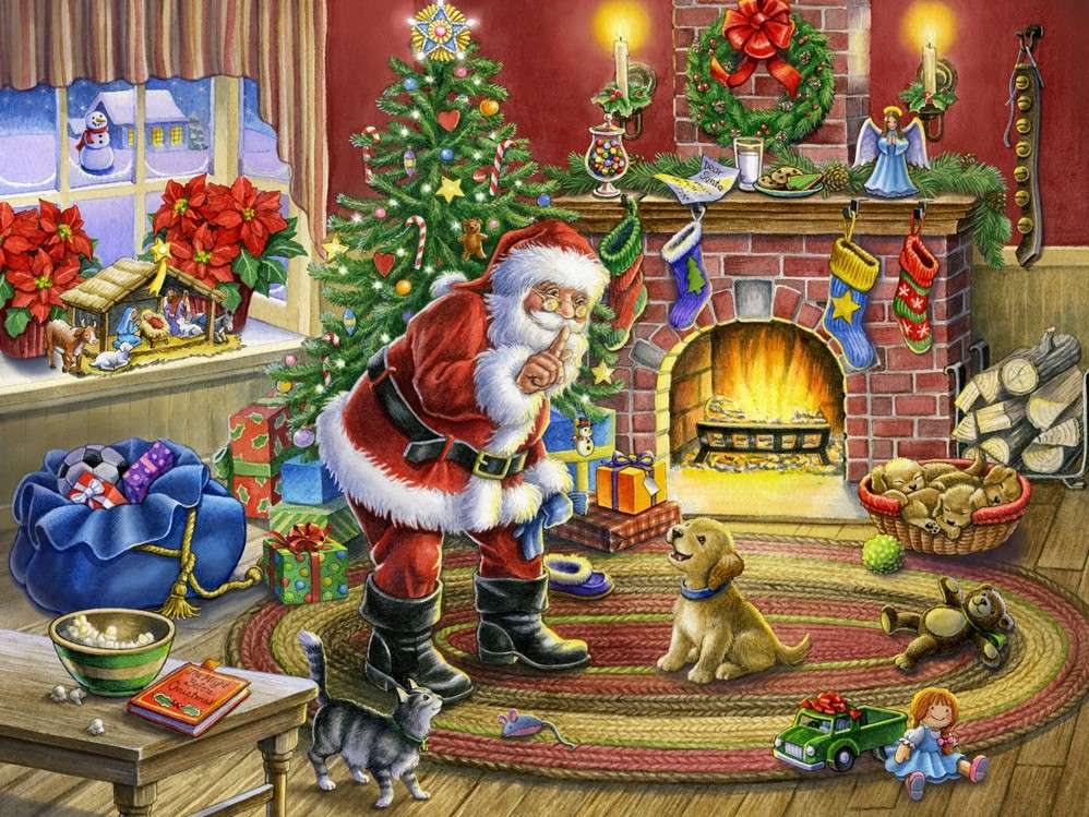 Mikołaj w salonie przy kominku puzzle online