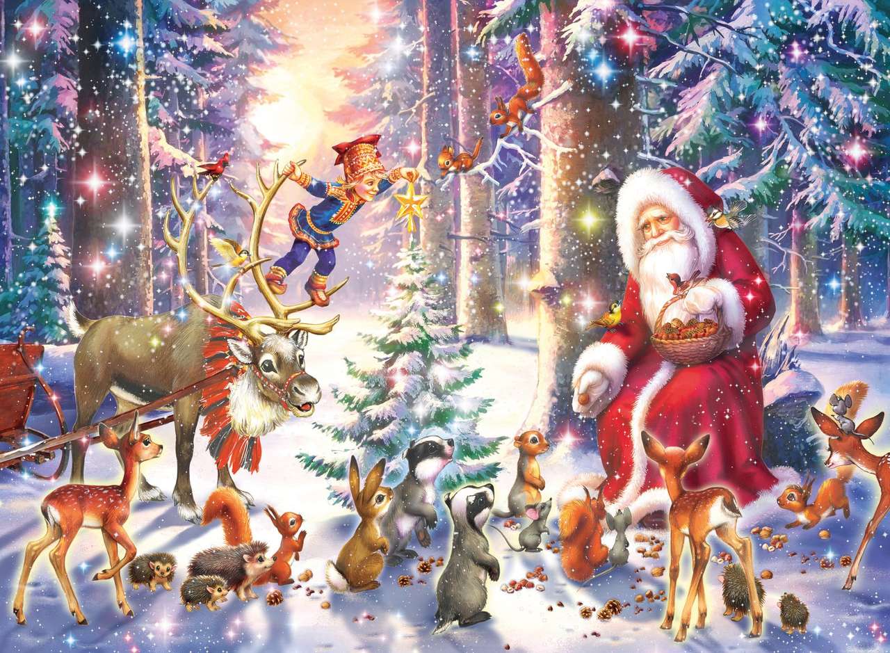 Mikołaj ze zwierzątkami w lesie puzzle online