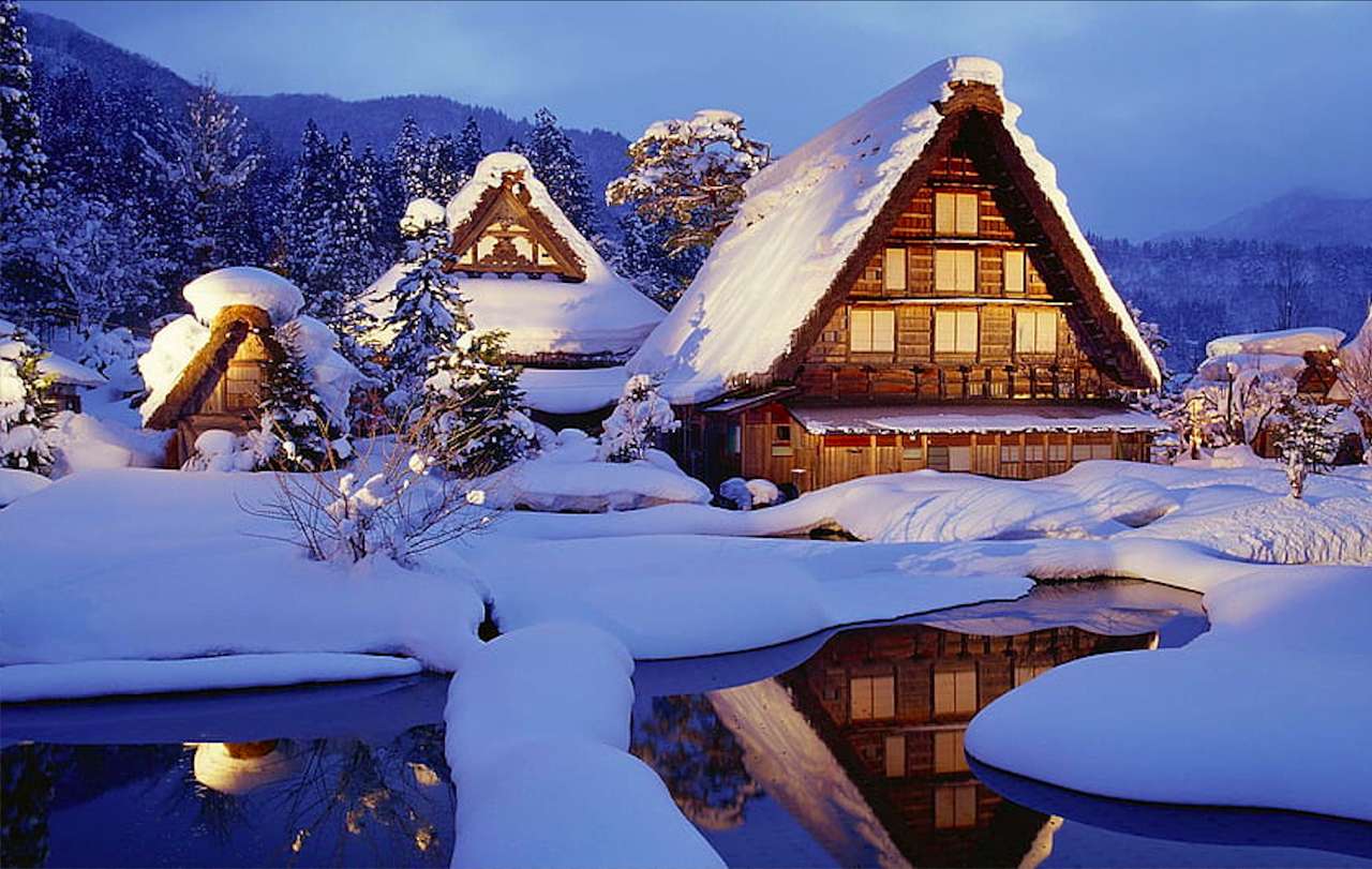Zaśnieżone domki zimową;pierzynką'', piękny widok puzzle online