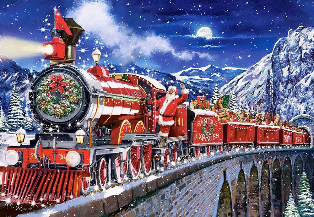 Świąteczny pociąg z Mikołajem w górach puzzle online