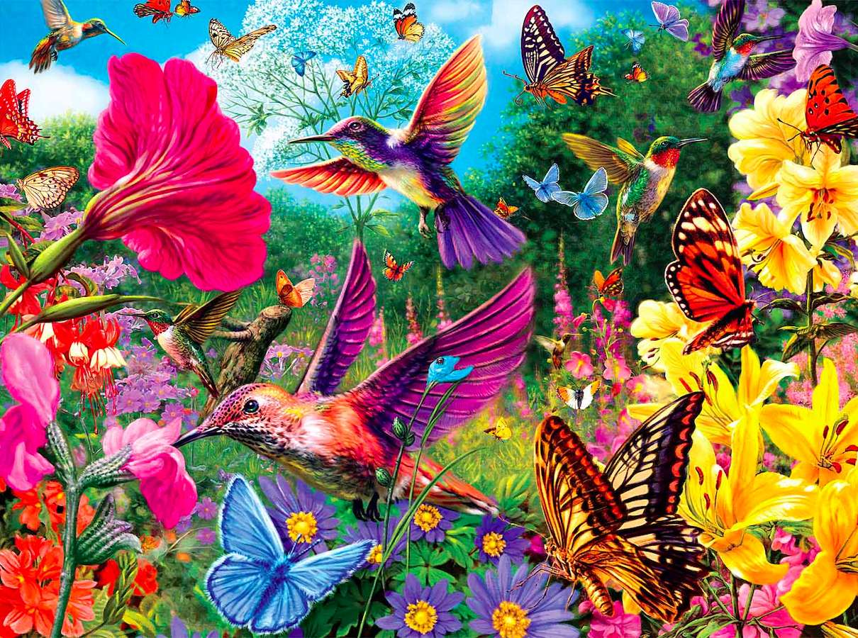 Ogród kolibrów i motyli, piękno zachwyca puzzle online