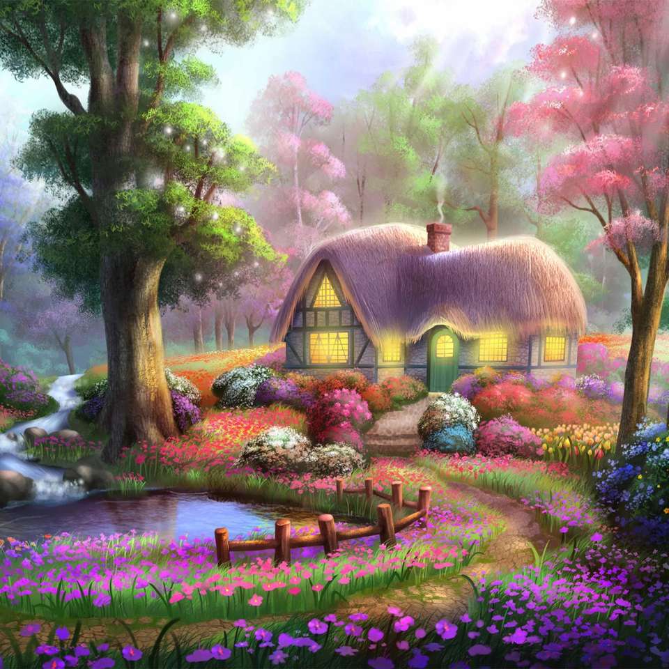 Słodki domek nad stawem wśród kwiatów puzzle online