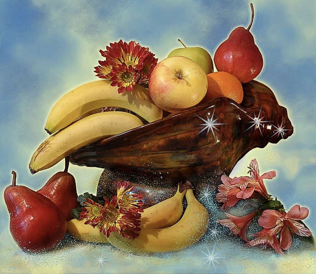 Muszelkowy "kosz" z owocami, uroczy widok puzzle online
