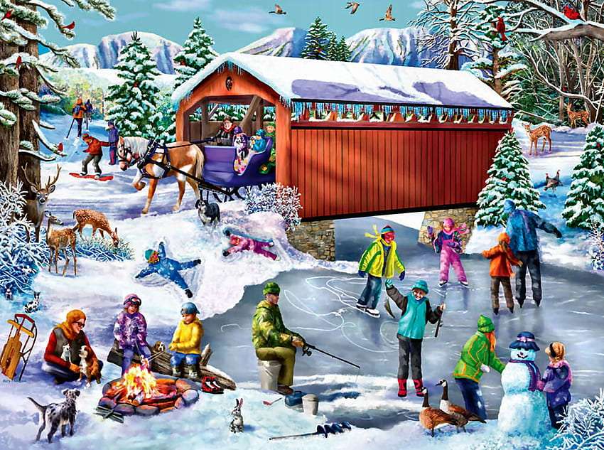 Zimowe pełne radości rodzinne zabawy puzzle online