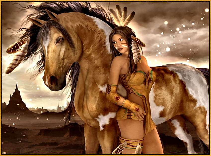Koń rdzennych Amerykanów, piękny koń i piękna ona puzzle online