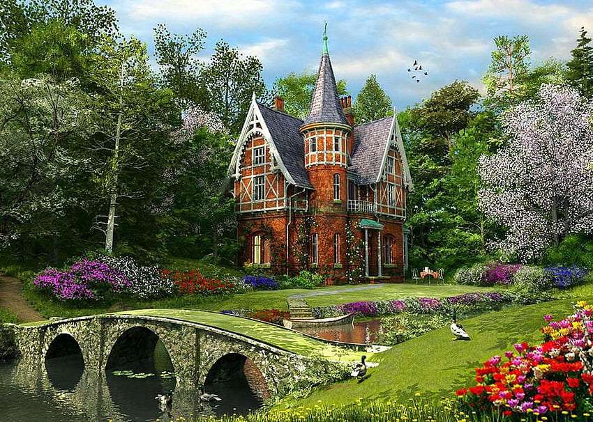 Mały cudowny pałac z brukowanym mostem puzzle online
