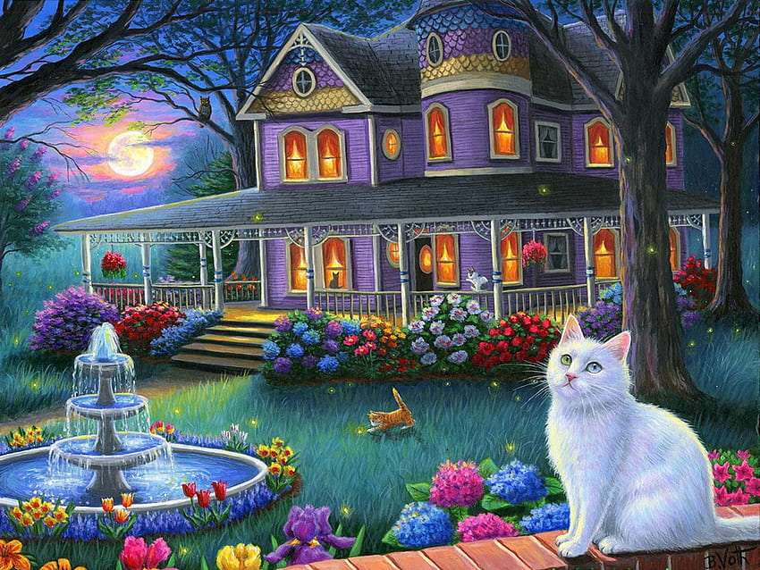 Światło księżyca i piękny biały kotek puzzle online