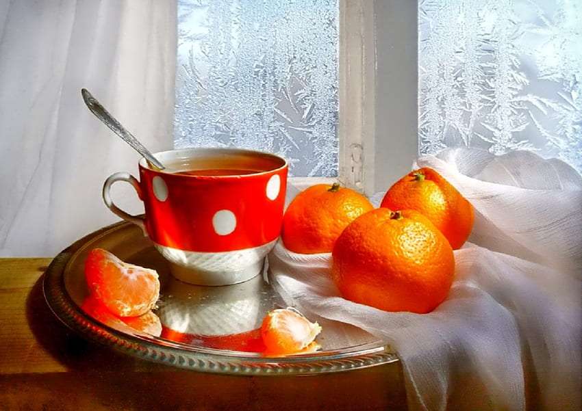 Zimowa herbatka, taki widok za oknem to jest to puzzle online